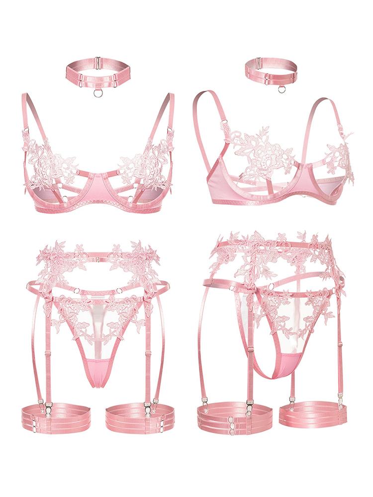 Lace Lingerie Hot Sheer Bralette & Garter Belt with Thong Strappy Open Cup Bra Harness Seductive Underwear for Women Sexy Outfit