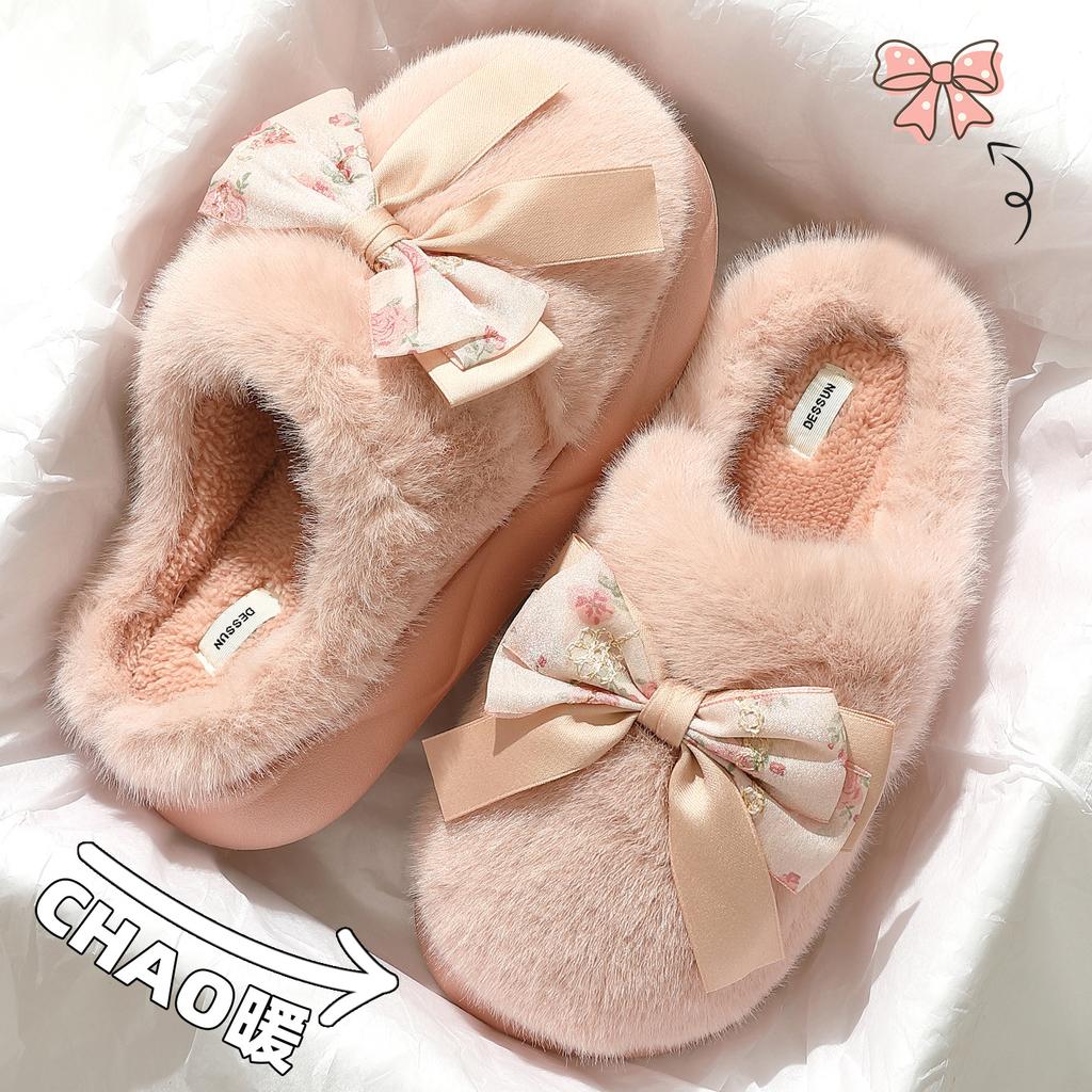Purple Bow Cotton Slippers Autumn and Winter Home Indoor Couple Home Non-slip Plush Warm Cotton Mop