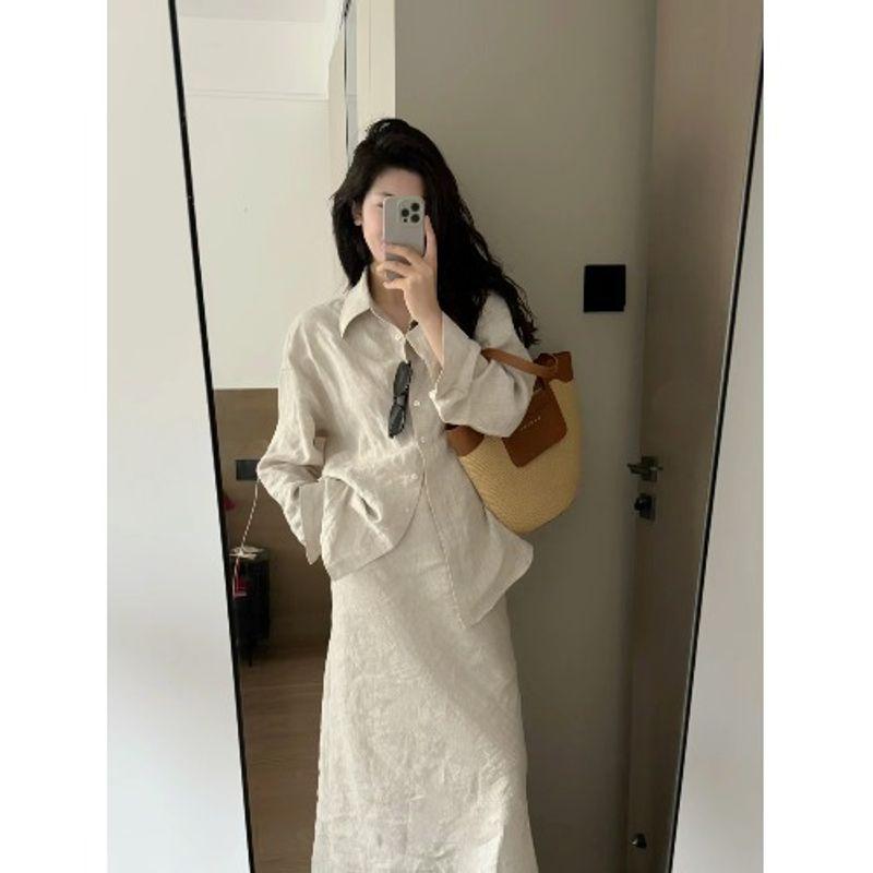 Kumikumi Fancy Suit Women's Minimalist Easiest for Match Loose Lapels Shirt Autumn High Waist Skirt Two-piece Set