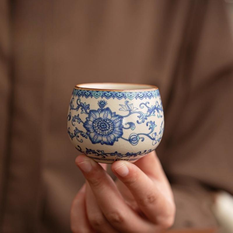 Ru Kiln Blue and White Pu'er Cup Teacup Single Ceramic Master Cup Personal Special Simple Tea Tasting Cup Kung Fu Tea Set
