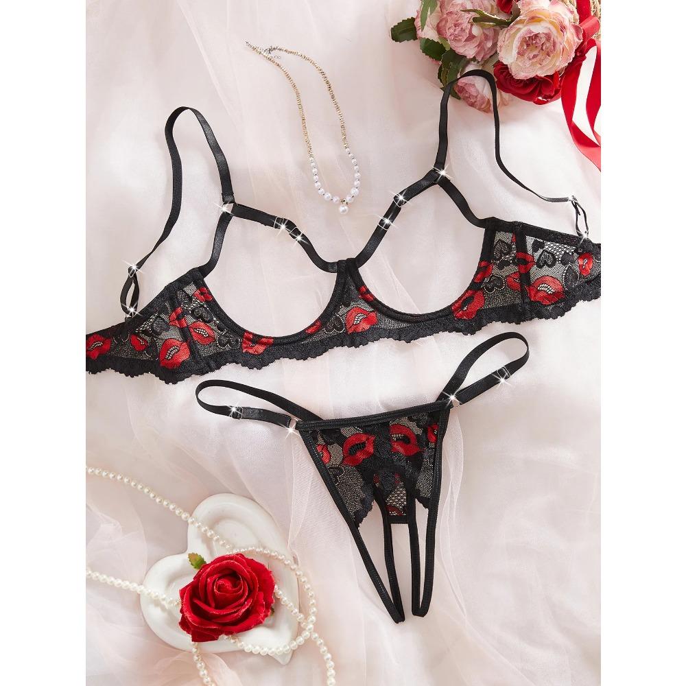 Sexy Open Cup Bra Thong Set Erotic Lingerie Underwire Crotchless Panties Couples Nightwear Easy Access