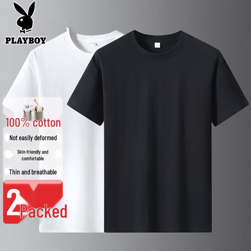 PLAYBOY Men s Summer Pure Cotton Short Sleeve T-Shirt 2-Pack XL