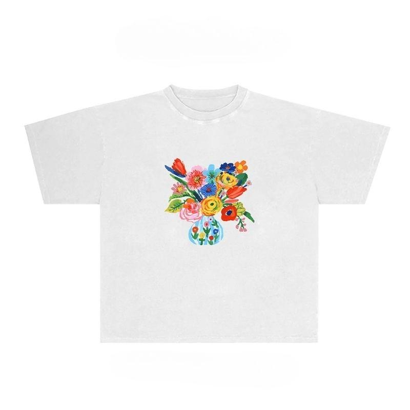 

Kawaii Hand-painted Bouquet Graphic Women S T-Shirt Youthful Popularity Vibrant Daily Short Sleeves Casual Style Harajuku Kpop S