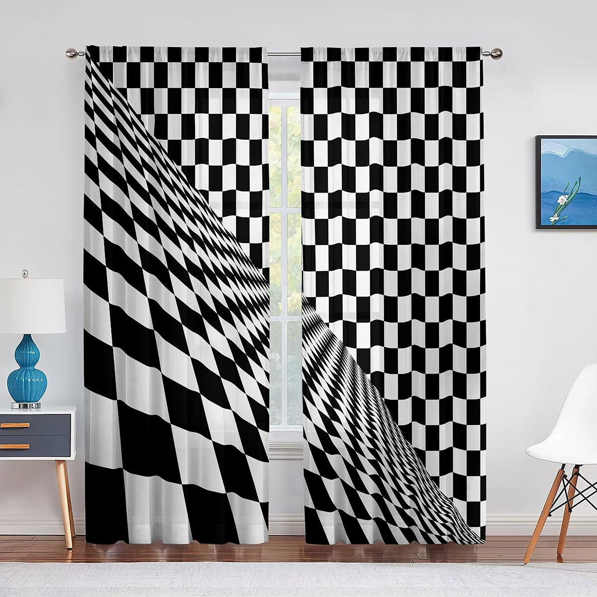 

Black and White Checkered Light Filtering Voile Curtain for Living Room Bedroom Kitchen Decorations Race Car Flag Window Tulle Curtains W65X60H(cm)X2Pcs&Grommet Top