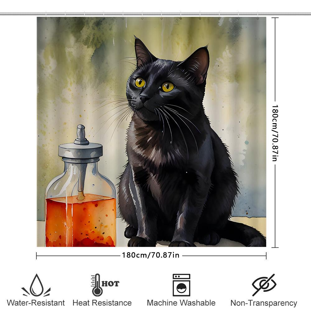 Cat Bath Curtain With Glass Jar Black Cat Decor Shower Curtain For Pet Lover'S Bathroom Decoration