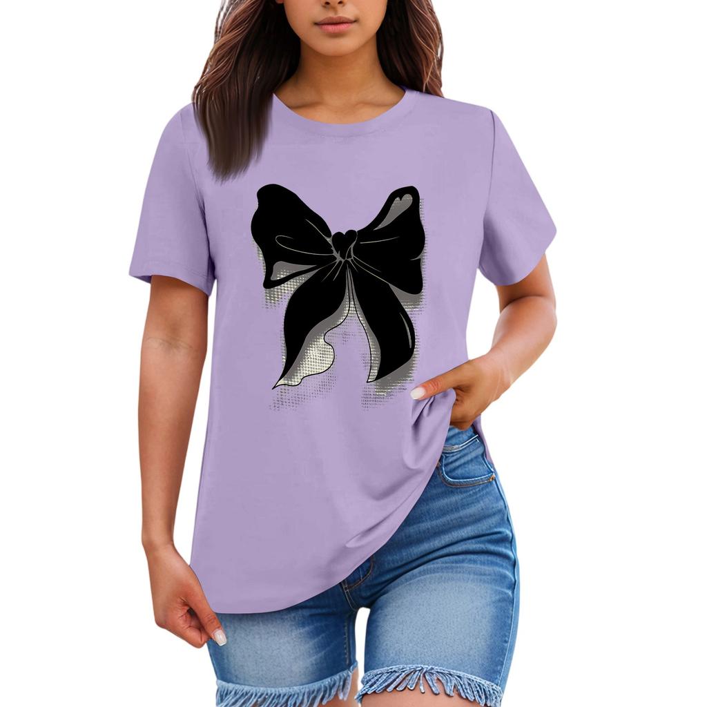 Ladies' Loose Comfortable Casual Fashionable  Bow Pattern Printed Round Neck Short Sleeved Shirt