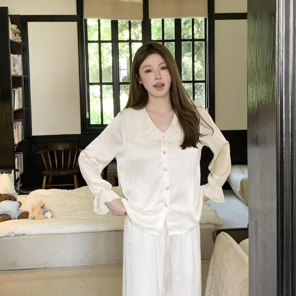 1011 new ice silk pajamas women's lapel Mori jacquard satin girl cute ice silk loungewear