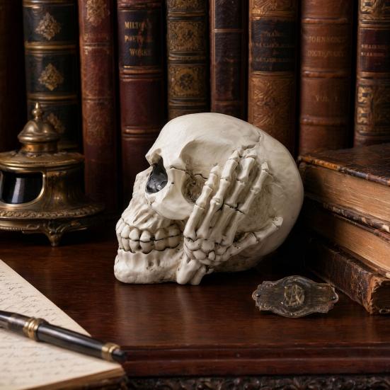 Halloween Totenkopf Figur, Höre Sie Sprich Kein Böses Skelettkopf Statue, Gotische Harz Heimdekoration für Schreibtisch, Bücherregal, Kaminsims, Tischplatte
