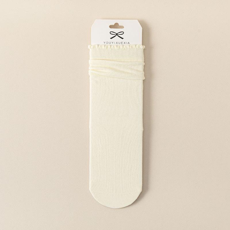 Ladies Spring and Autumn Wood Ear Lace Sports Solid Color Preppy Style Boneless Mid Barrel Pile Cotton Socks