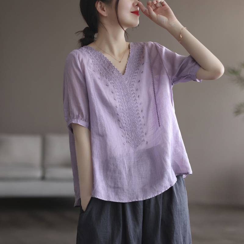 Sommer Kunst Retro Stickerei Kurzarm frauen Lose Top T-Shirts frauen