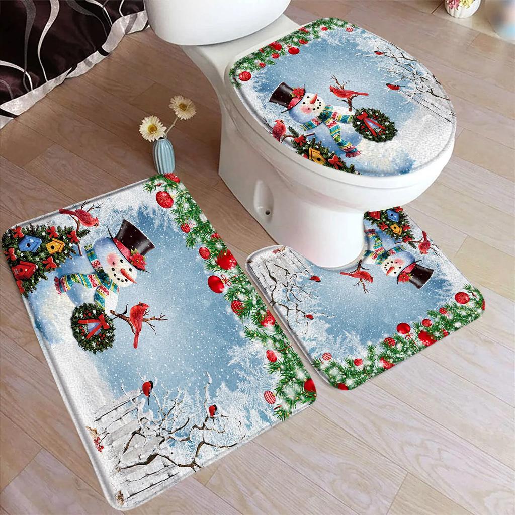 Red Christmas Shower Curtain Set Funny Santa Claus Gift Green Pine Branches Xmas Balls Home Bathroom Decor Bath Mat Toilet Cover