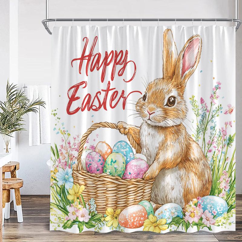 Funny Bunny Easter Shower Curtains Butterfly Watercolour Floral Rabbit Eggs Rustic Fabric Home Bathroom Curtain Decor With Hooks