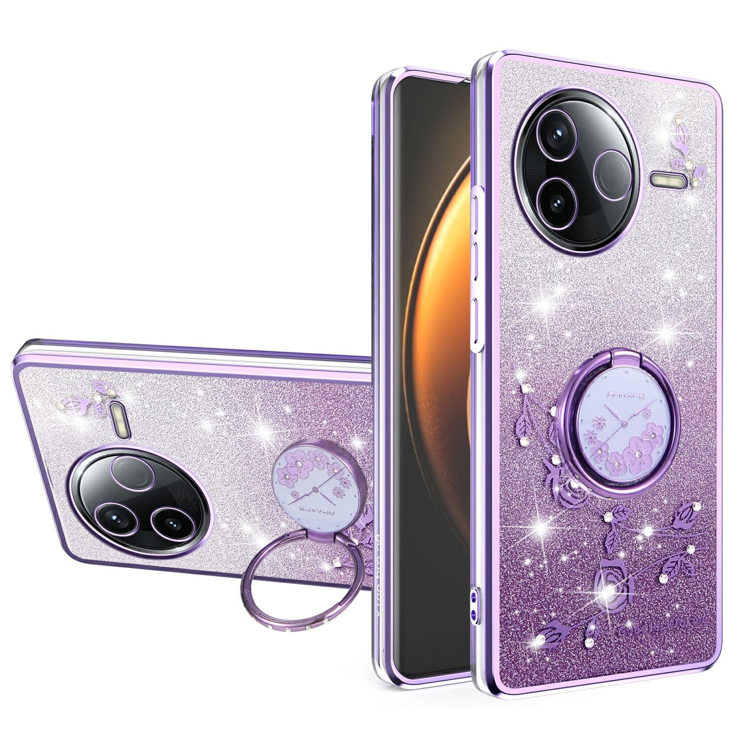 

KADEM For Xiaomi Civi 5 Pro 5G Case Ring Kickstand TPU Flowers Phone Cover Gradient Glitter Purple