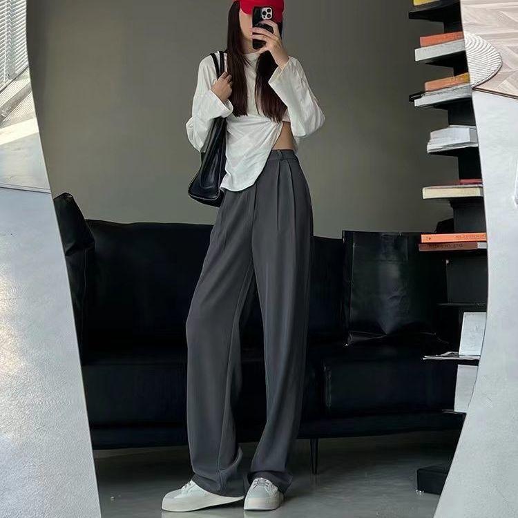 

Элегантные свободные брюки серого цвета с высокой талией, широкие брюки для женщин, весна-лето-осень, прямые повседневные брюки XXL серый