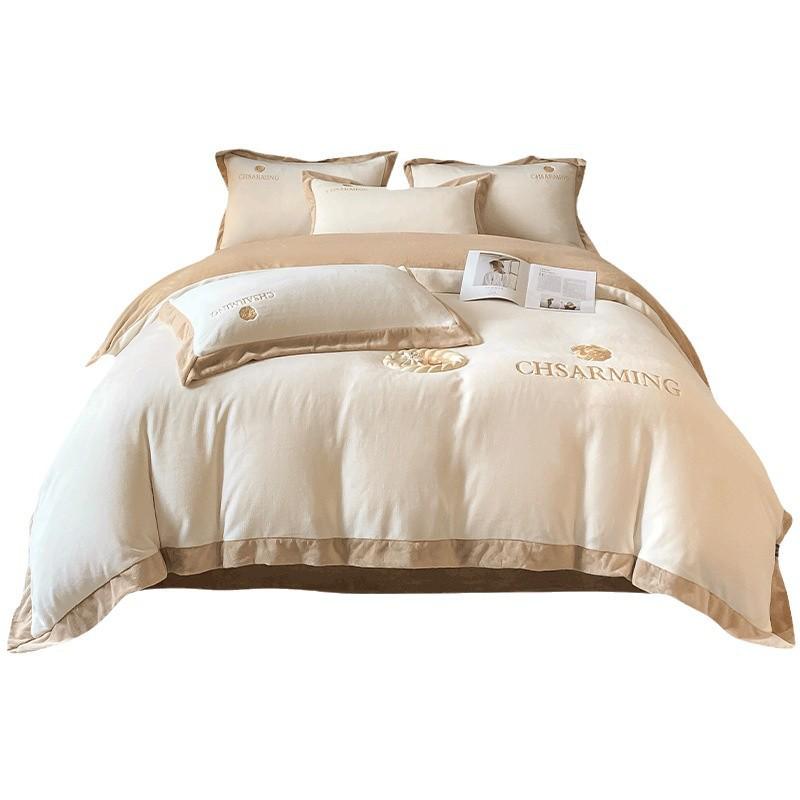 Matte Velvet 4-Piece Set: Non-Static, Solid Color, Wide-Edge Embroidery, Autumn/Winter Plus Velvet Fitted Sheet.