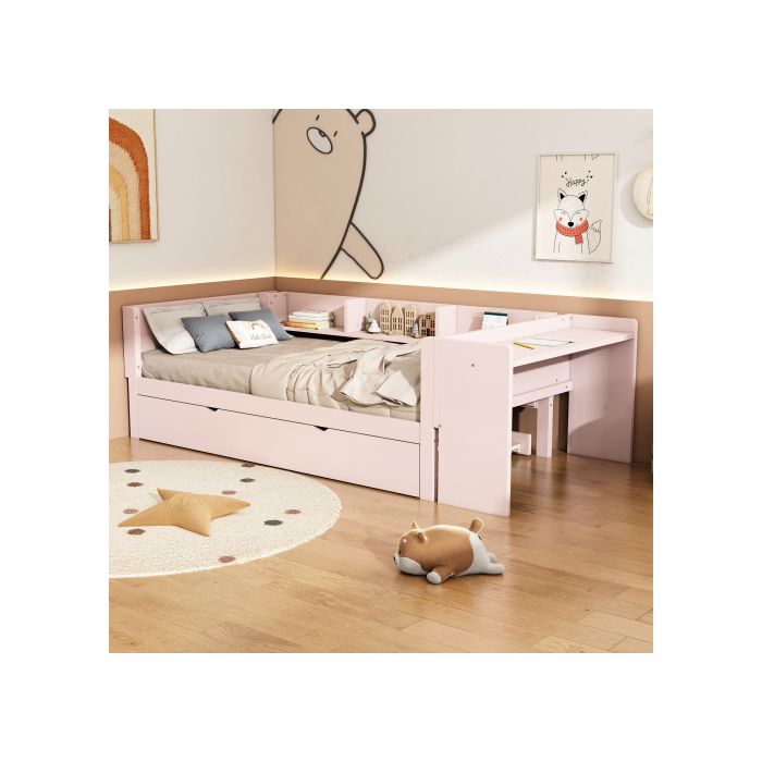 Lit Avec Lit Gigogne - MUVOE - 90x200cm - Rose - Bureau Intégré - 3 Étagères De Rangement