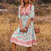 Women's Fashionable V Neck Floral Print 3/4 Sleeved Bohemian Vacation Beach Dress
