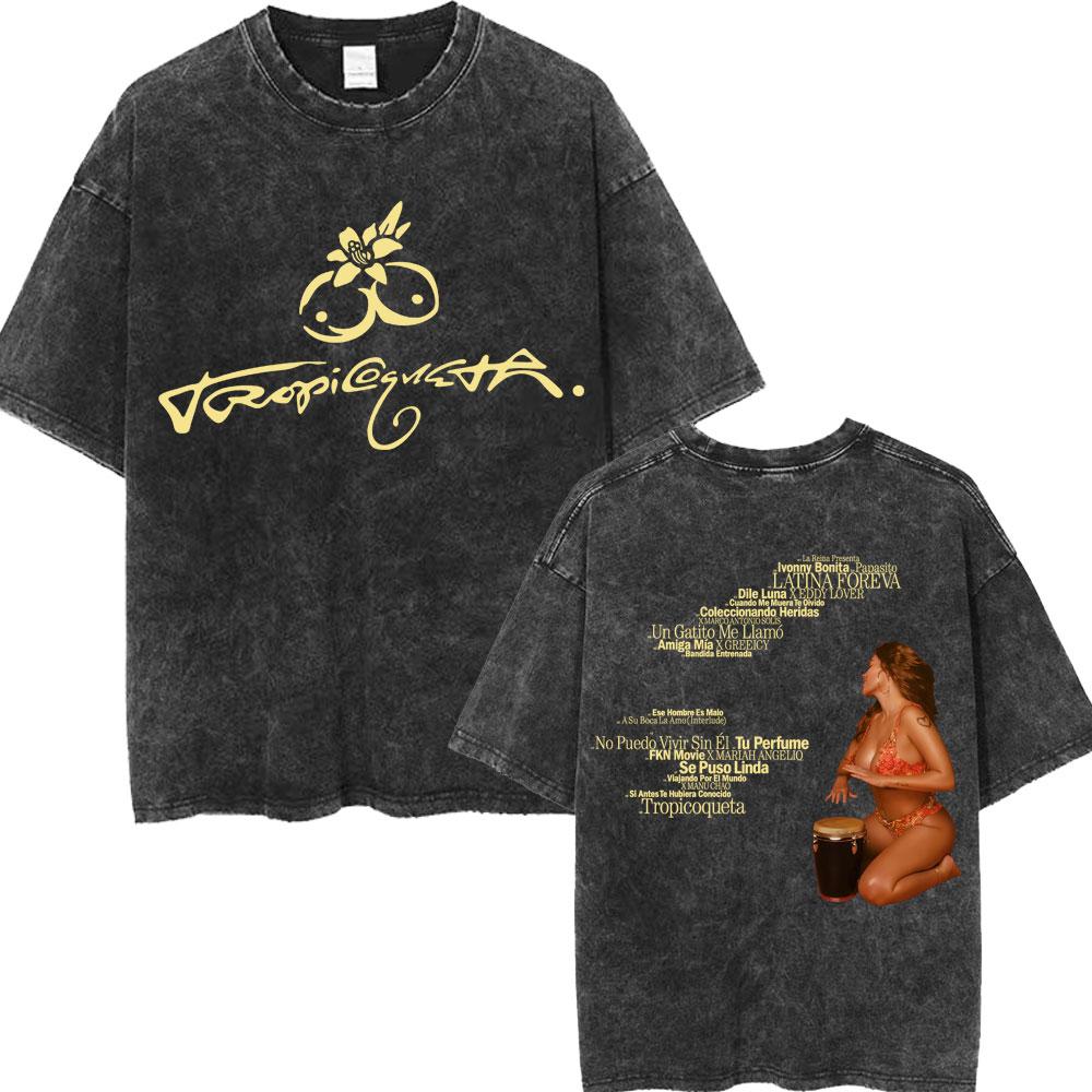 Karol G Tropicoqueta Album Latina Foreva Washed T Shirt Men Women Trendy Loose Tshirts Casual Cotton Retro Street T Shirts
