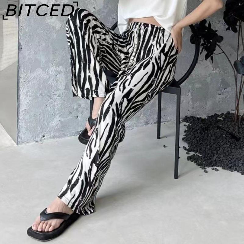 BITCED Vintage-Style Wide-Leg Trousers for Women Spring/Autumn Striped Tie-Dye High-Waisted Straight-Leg Casual Trousers with Drape