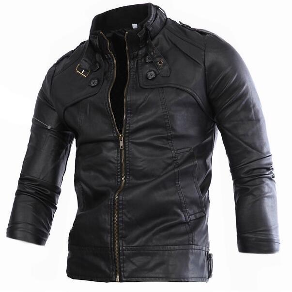 Men's Leather Jacket Collar Button European British Leather Jacket Men