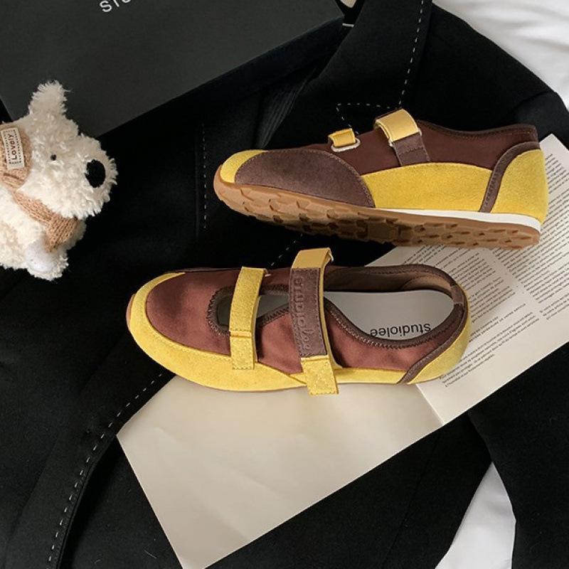 Leather Ballet Mary Jane Shoes Women's Inner Height Increase 3CM Velcro Color Matching Casual Sports Shoes New