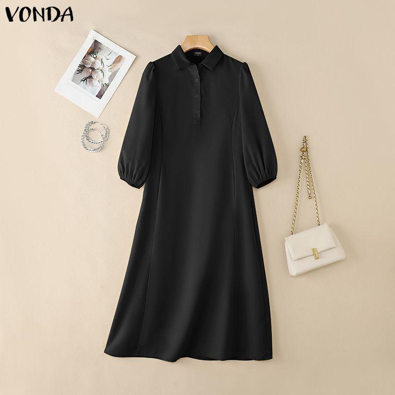VONDA Elegant Women Lapel Neck Long Puff Sleeve Casual Office Dress