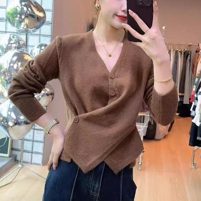 Stylish Irregular Cross Buttons V-neck Autumn Sweater Cardigan Women Long Sleeve Women Knitted Sweaters Winter Solid Slim Fit Casual Cardigans 25308