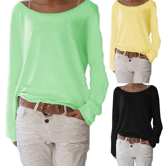 Solid Color Casual Round Neck Long Sleeve Women Knitted T-shirt Bottoming Top