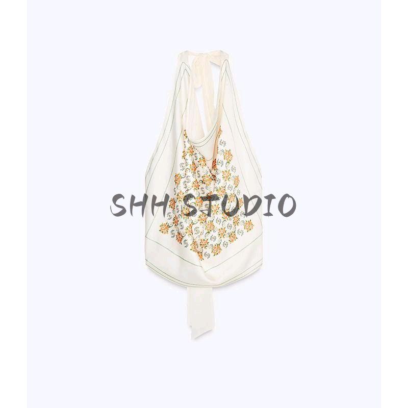 Spring New Women's Clothing Beach Seaside Halterneck Silk Satin Texture Print Bowknot Decoration Tops 2639915