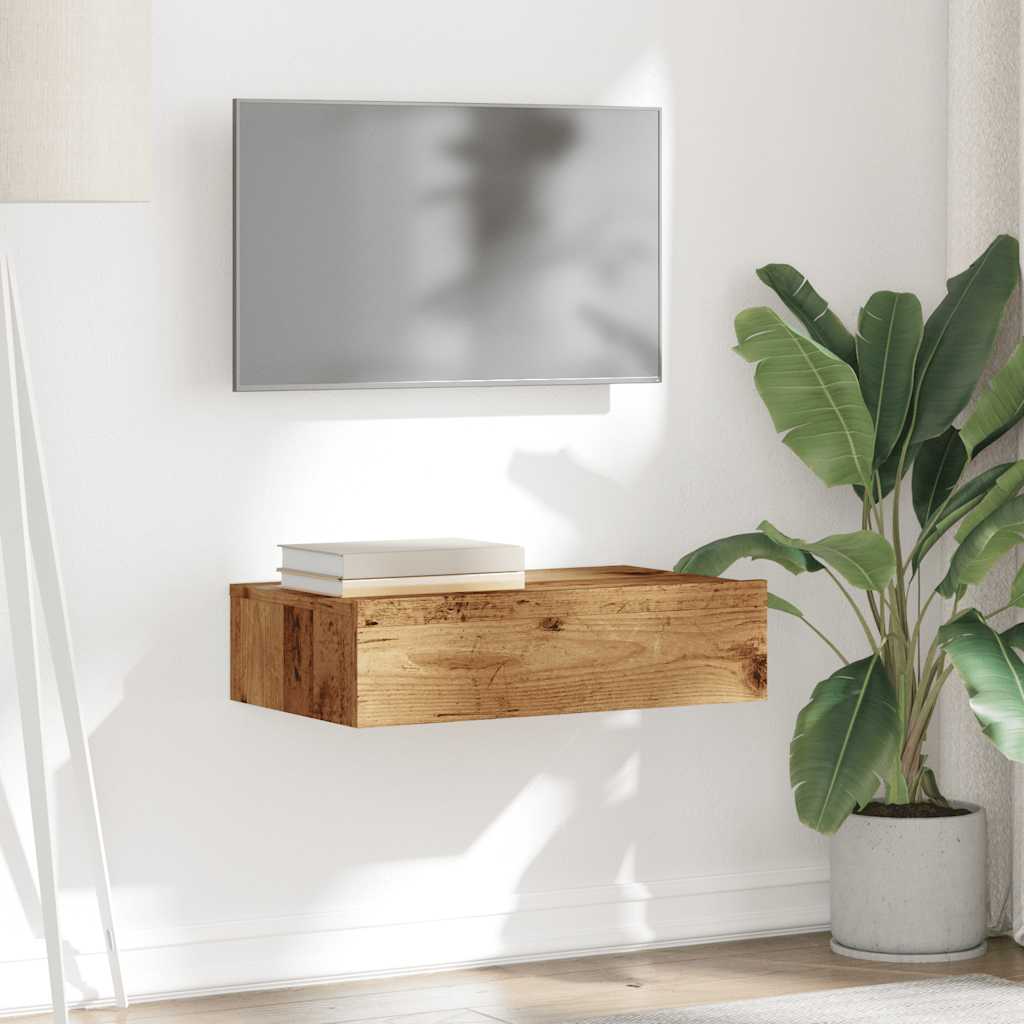 Wandmontiertes TV-Regal Mit Schubladen Und LED-Licht, Vintage-Holzoptik, Maße 60x35x15,5 Cm