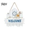Marine Elements Wall Art Mediterranean Style Wooden Welcome Sign, Starfish And Shells Hanging Seaside Inspired Ornament Plaque, Decorative for