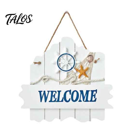 Marine Elements Wall Art Mediterranean Style Wooden Welcome Sign, Starfish And Shells Hanging Seaside Inspired Ornament Plaque, Decorative for