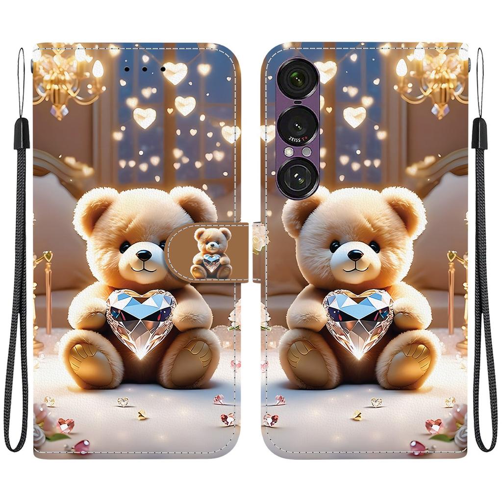 Handmade PU Leather Flip Case for Sony Xperia 1 VII Anti-Slip Shockproof Cover with Wrist Strap & Heart/Rose Cat Designs