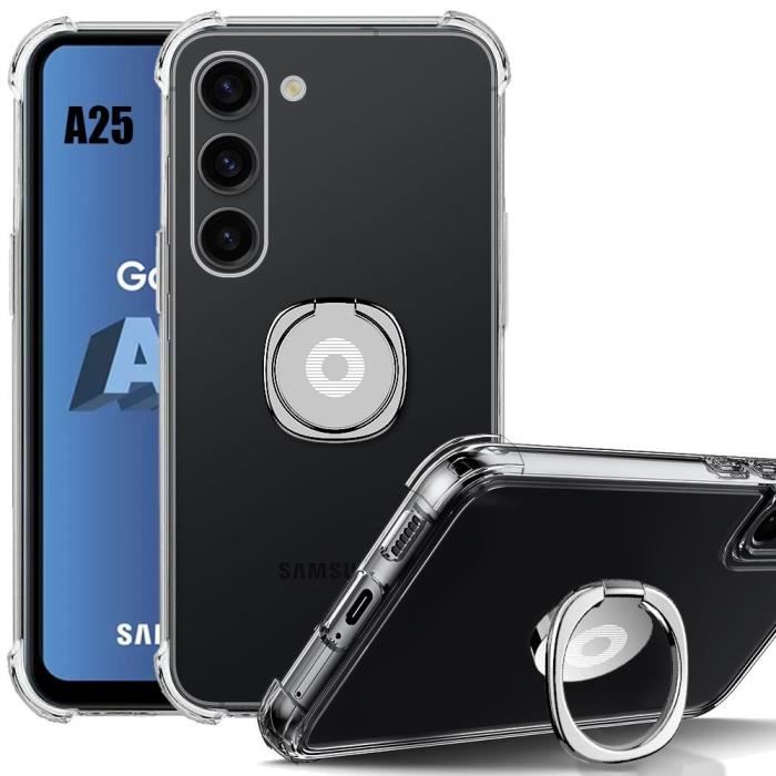 Coque de protection - BOOLING - pour Samsung Galaxy A25 5G - Antichoc en Silicone - Anneau Argenté Rotatif - Transparent