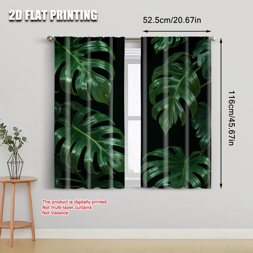 Set Of 2 Flat Printing Party Window Curtains Tropical Green Palm Leaf Versatile Polyester Without Electricity Festive Wall Curtain