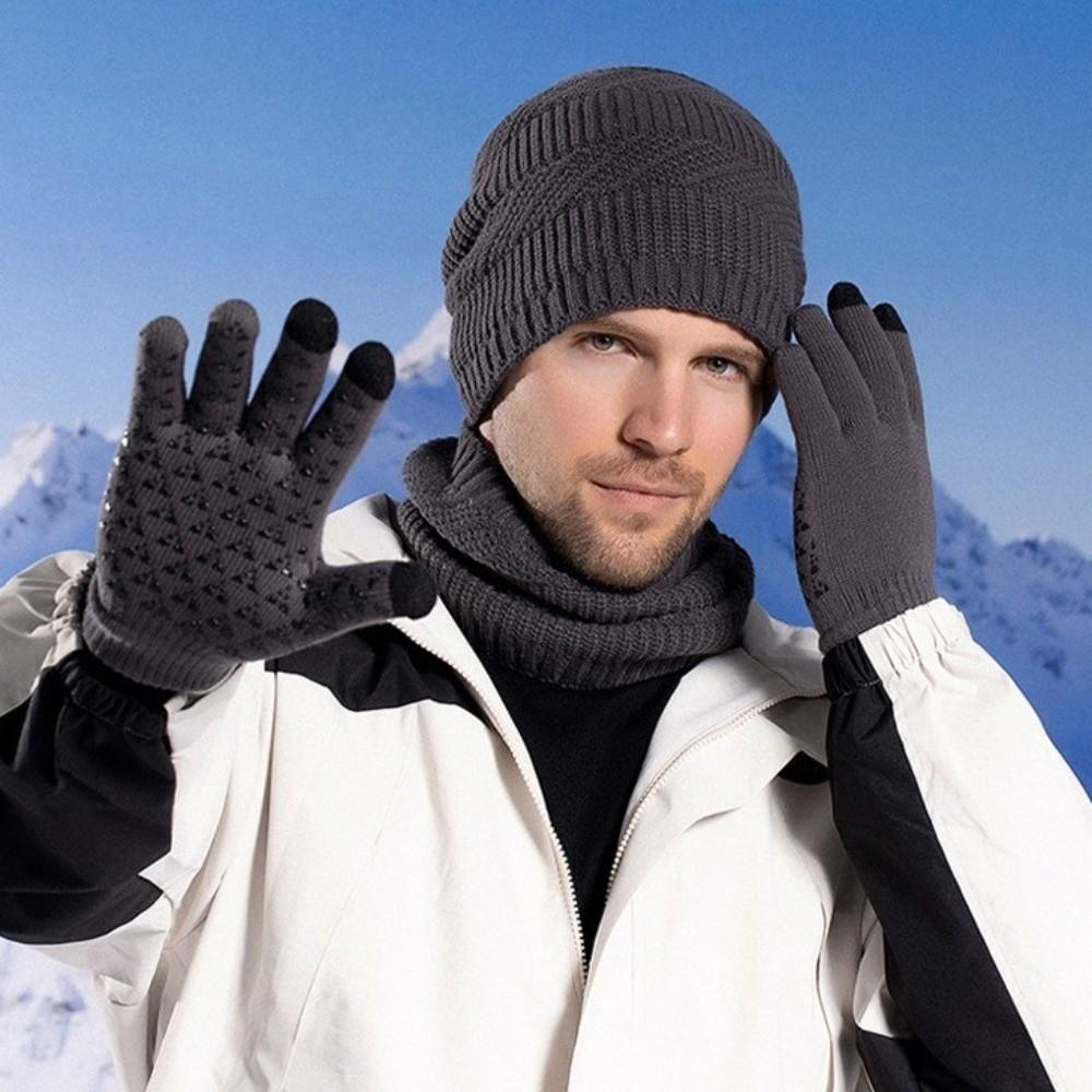 3pcs Warm Hat Scarf Gloves Set Solid Color Winter Beanie Hat Hiking Thermal Knit Cap  Cold Weather