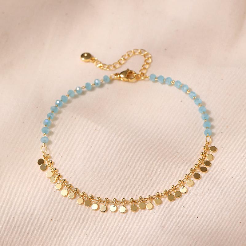 Gold Plated Double Layer Light Blue Faceted Bead & Dangling Disc Charm Anklet With Extension Chain синий