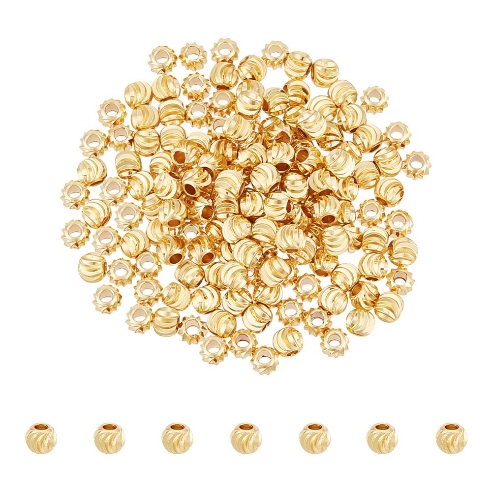 150Pcs Brass Spacer Beads, Long-Lasting Plated, Corrugated Round, Real 18K Gold Plated, 5x4mm, Hole: 2mm
