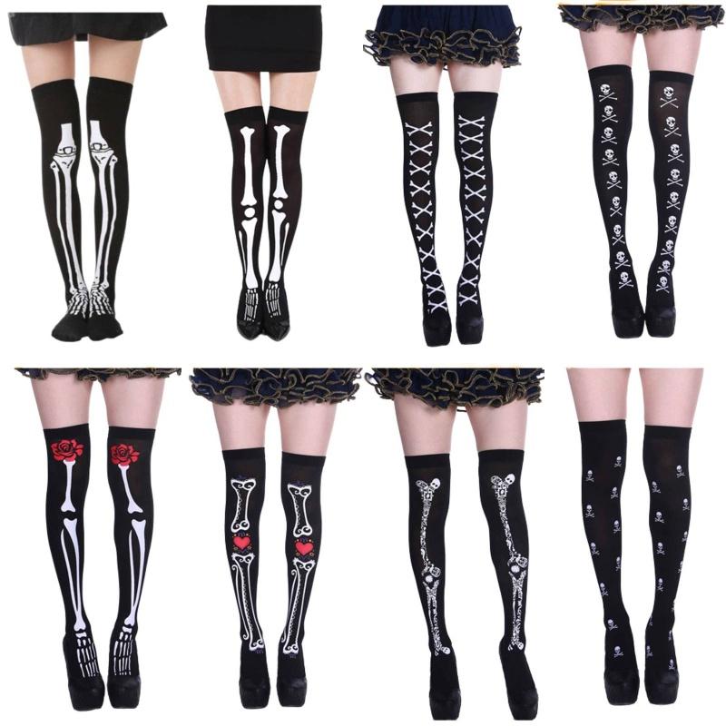 Skeleton Halloween Silk Stockings Woman Black Knee High Socks Ghost Props House