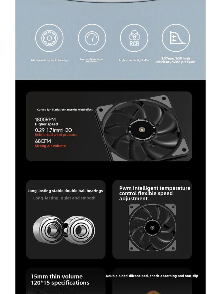 Lengshuo HF12015 120mm PC Case Cooling Fan, FDB Bearing, 15mm Thick, Silent ARGB with Temperature Control