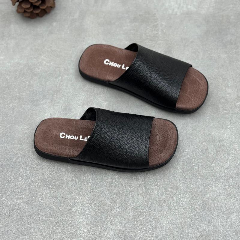 Johnature Genuine Leather Peep Toe Flat Slippers Simple Comfortable Soft Soled Cowhide Women s Slides 35 чёрный