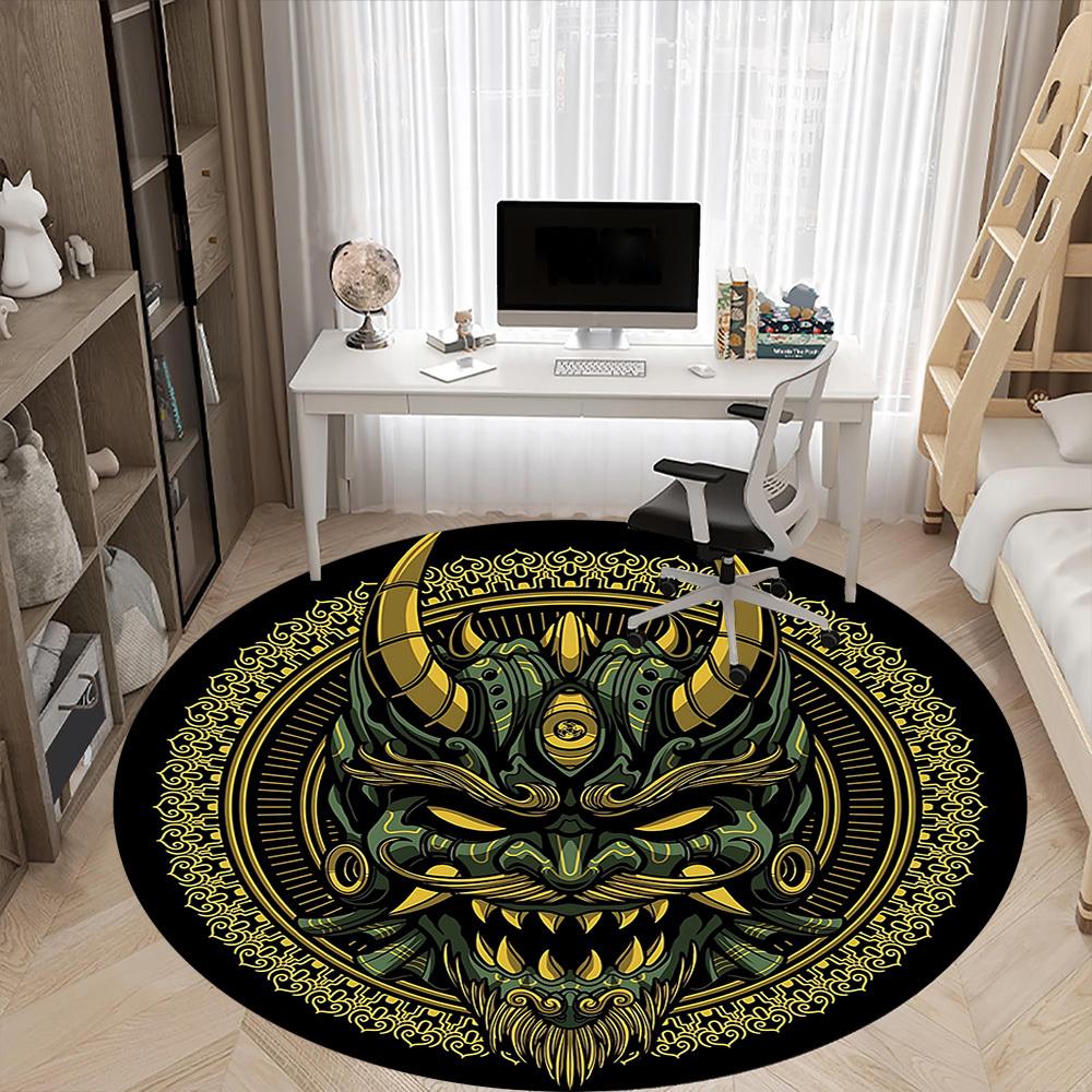 1PC Demon Mask Office Round Rug, Non slip, Soft and Durable Office Rug for Interior Decoration, Perfect for Office