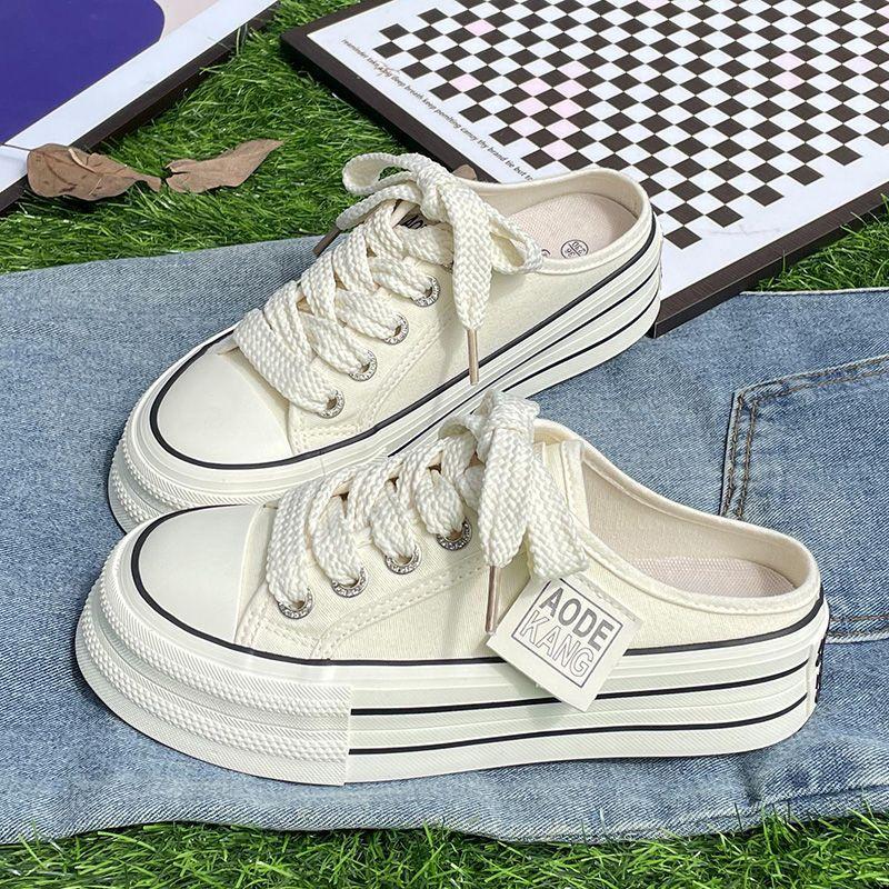 Plateau-Canvas-Schuhe Damen 2025 Sommer neu vielseitig ohne Absatz Halbschlappen Ein-Pedal weiße Schuhe Freizeitschuhe