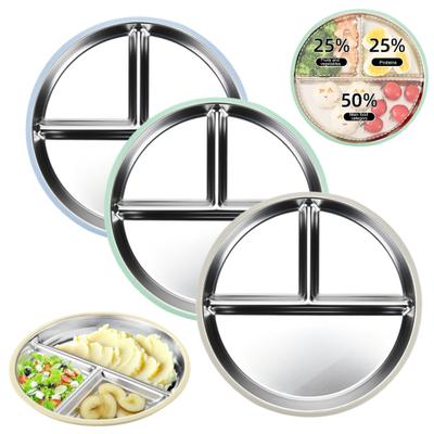 Baby Plate with Suction Base 3-Section Divided Stainless Steel Dish 9" Unbreakable Anti Breakage Metal Bowls for Toddlers
