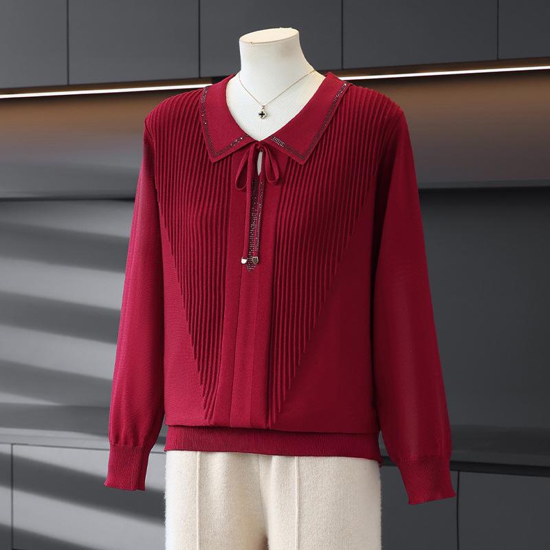 

Mom s Spring Lapel Knit Long Sleeve Plus Size T-Shirt for Middle-Aged & Elderly 2026 2XL (110-125 lbs) червоний