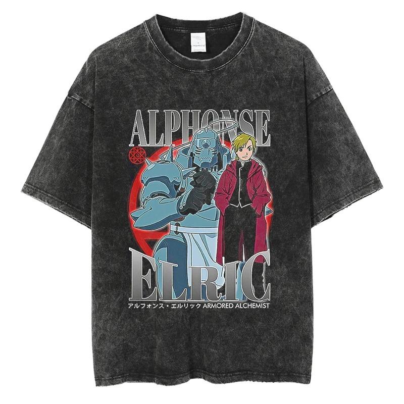 Japonia Anime Mustang Roy Anime Fullmetal Alchemist Manga Graficzny Nadruk Koszulka Męska Damska Harajuku Vintage Sprana Bawełna Luźny Top Letni Nowy T-shirt
