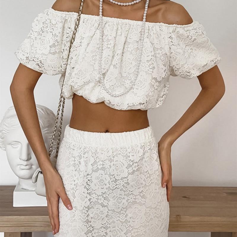 2026 Elegant White Lace Dress Set Women French Strapless Long 2 Piece