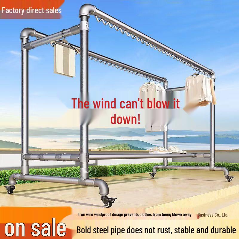 Galvanized Steel Pipe Clothes Rack for Balcony or Bedroom - Floor Standing Hanger