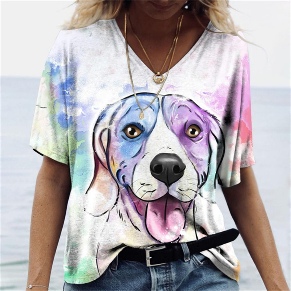 Summer V-neck 3D Printed Vintage Colorful Cat Funny Pattern Top Fashionable Casual Short Sleeved Women's T-shirts