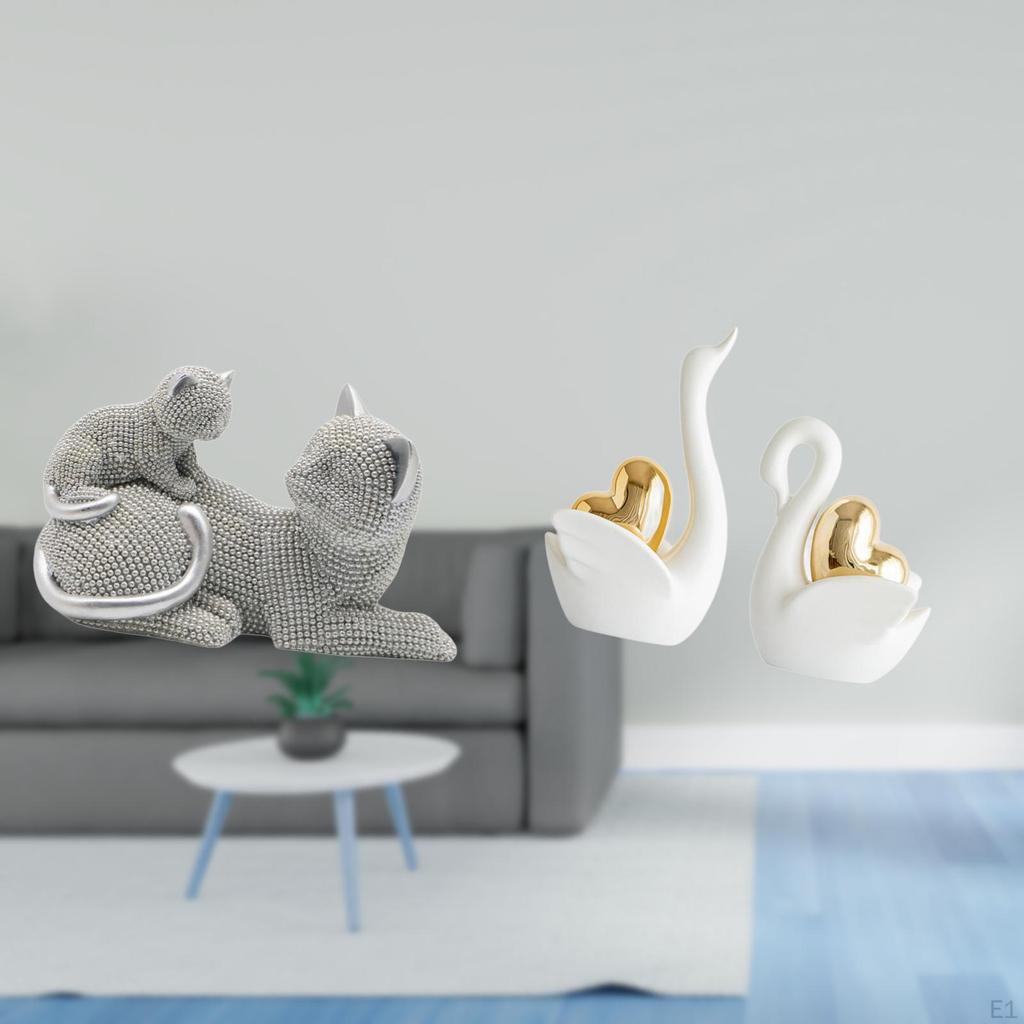 Cat And Swan Sculpture Tabletop Ornament Art Crafts Decorative Figurine Animal Statue for Bedroom